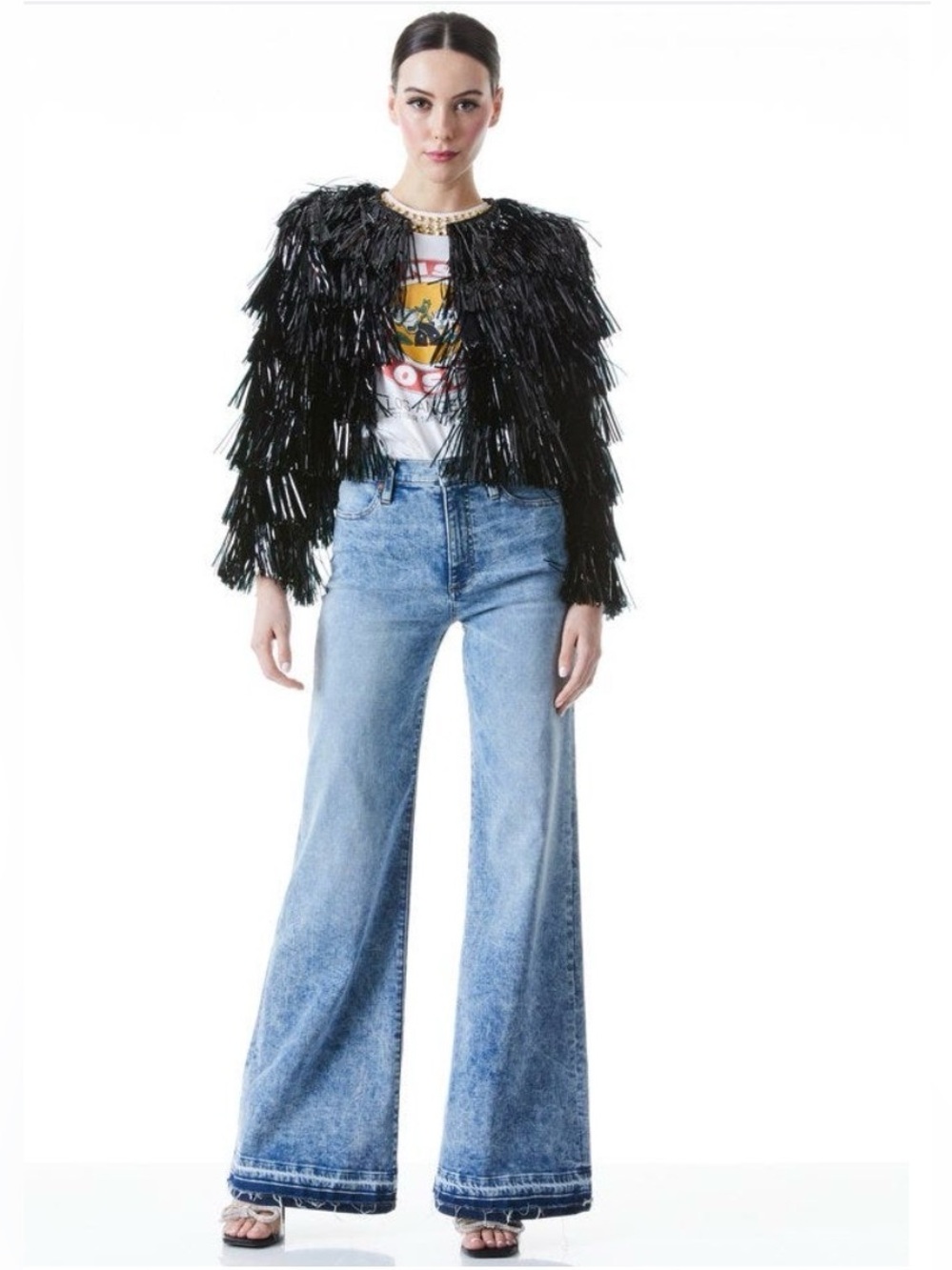 NWOT Alice + Olivia Fawn Fringe Tinsel Jacket In Black. Size M - Picture 7 of 11